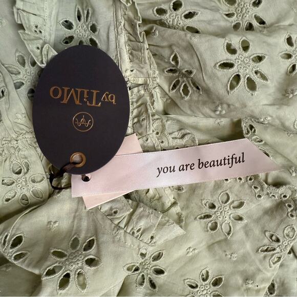 BY TIMO NEW GREEN RUFFLED RUCHING BLOUSE BOHO EYELET EMBROIDERY LONG SLEEVE XL - Picture 5 of 9